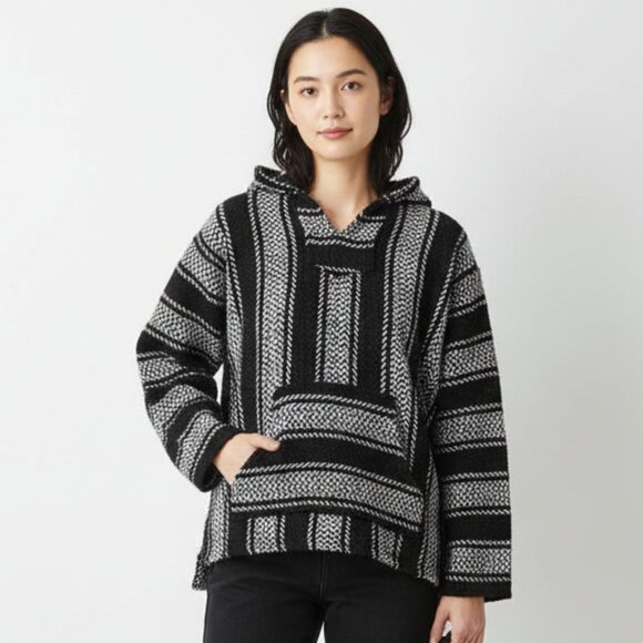 Baja Joe Black & White Striped Knit Long Sleeve Hoody Blanket Sweater M - Picture 1 of 5